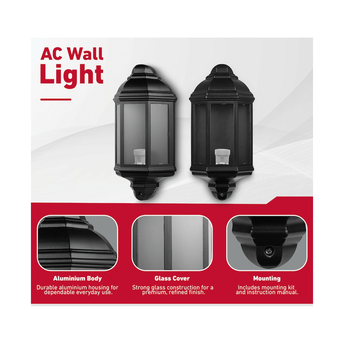 Ellies Forge Series - AC Wall Light - Aluminium + Glass - E27 Base -BK