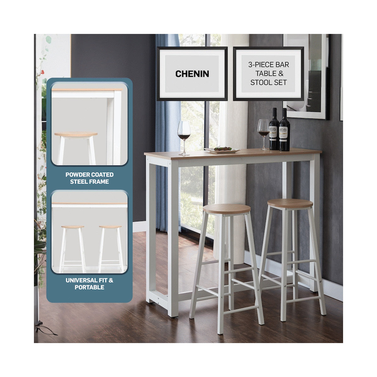 Everfurn Chenin 3-Piece Bar Table & Stool Set with Powder-Coated Frame