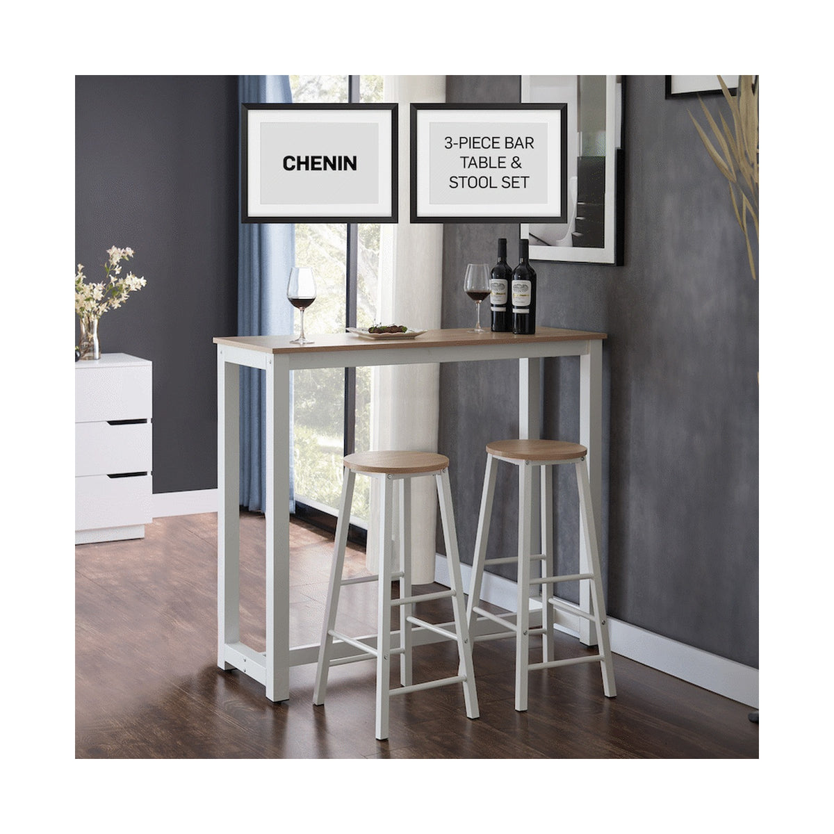 Everfurn Chenin 3-Piece Bar Table & Stool Set with Powder-Coated Frame