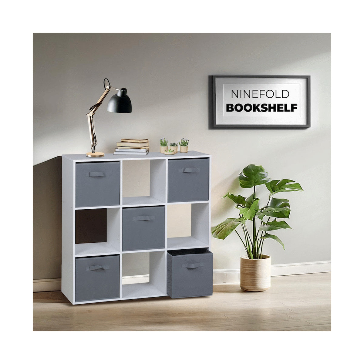 Everfurn Ninefold Bookshelf with 5 Storage Bins