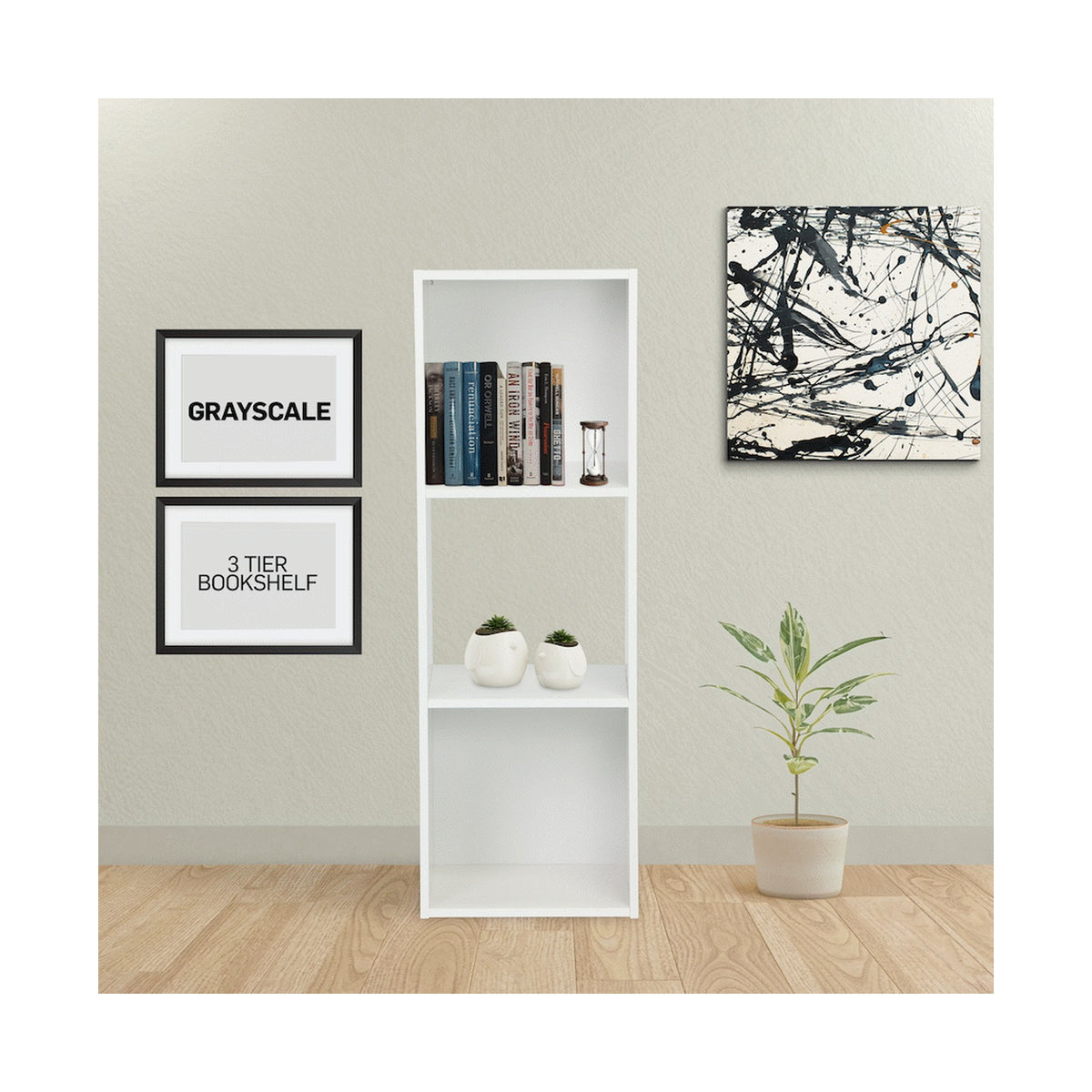 Everfurn Grayscale 3 Tier Bookshelf White, High Pressure Laminate