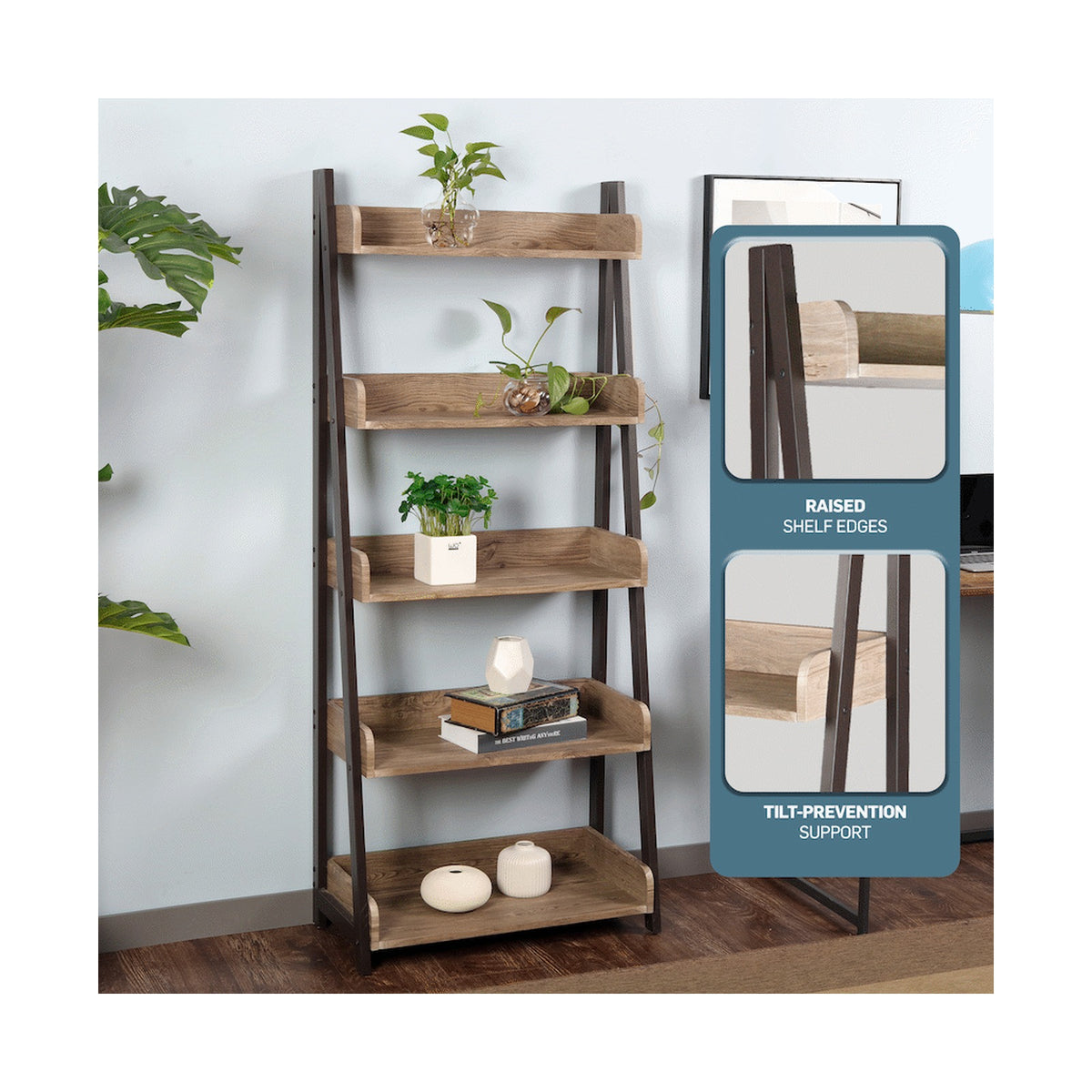Everfurn Aegla 5-Tier Bookshelf - High Pressure Laminate with Powder-Coated Frame