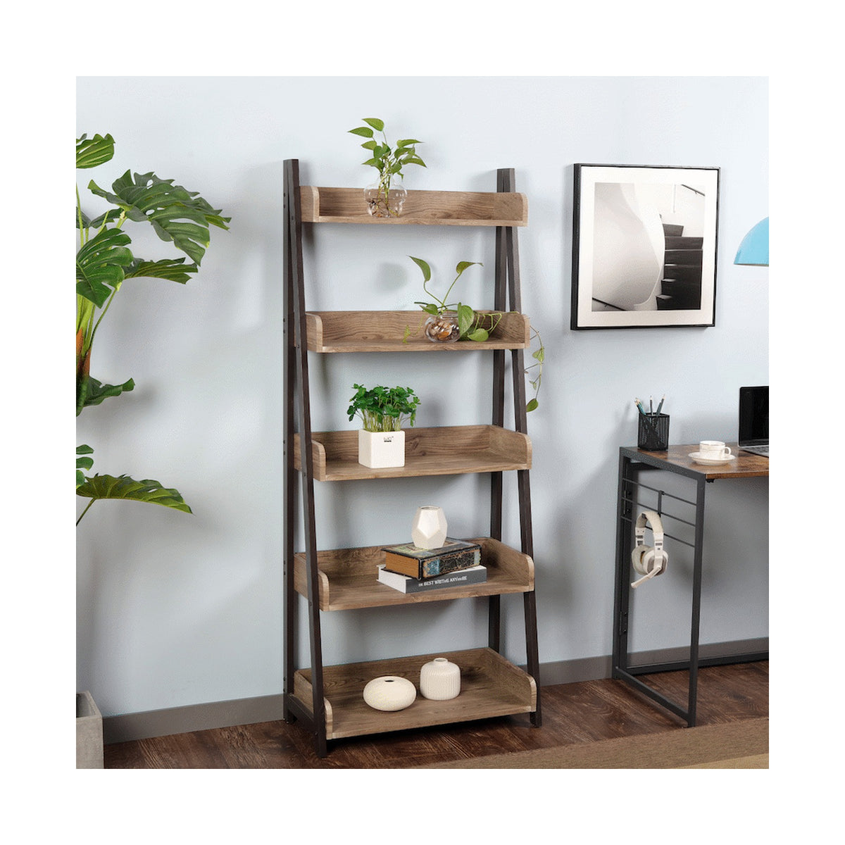 Everfurn Aegla 5-Tier Bookshelf - High Pressure Laminate with Powder-Coated Frame