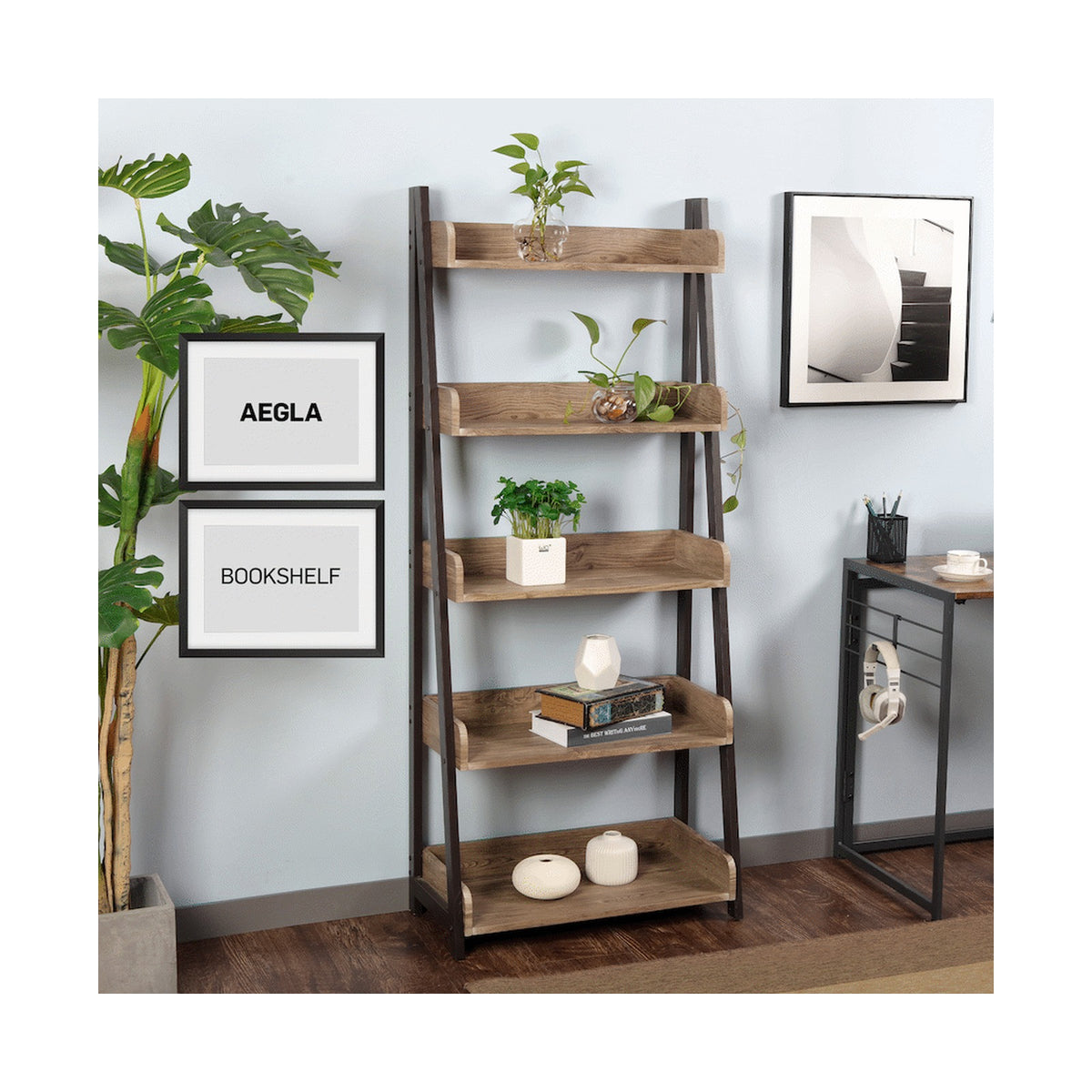 Everfurn Aegla 5-Tier Bookshelf - High Pressure Laminate with Powder-Coated Frame