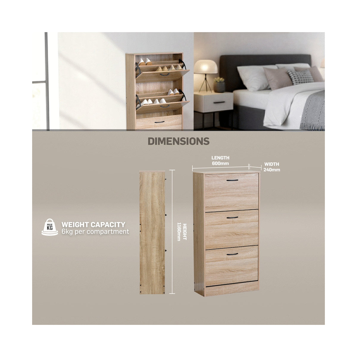Everfurn Tamar Shoe Cabinet - Small - Oak