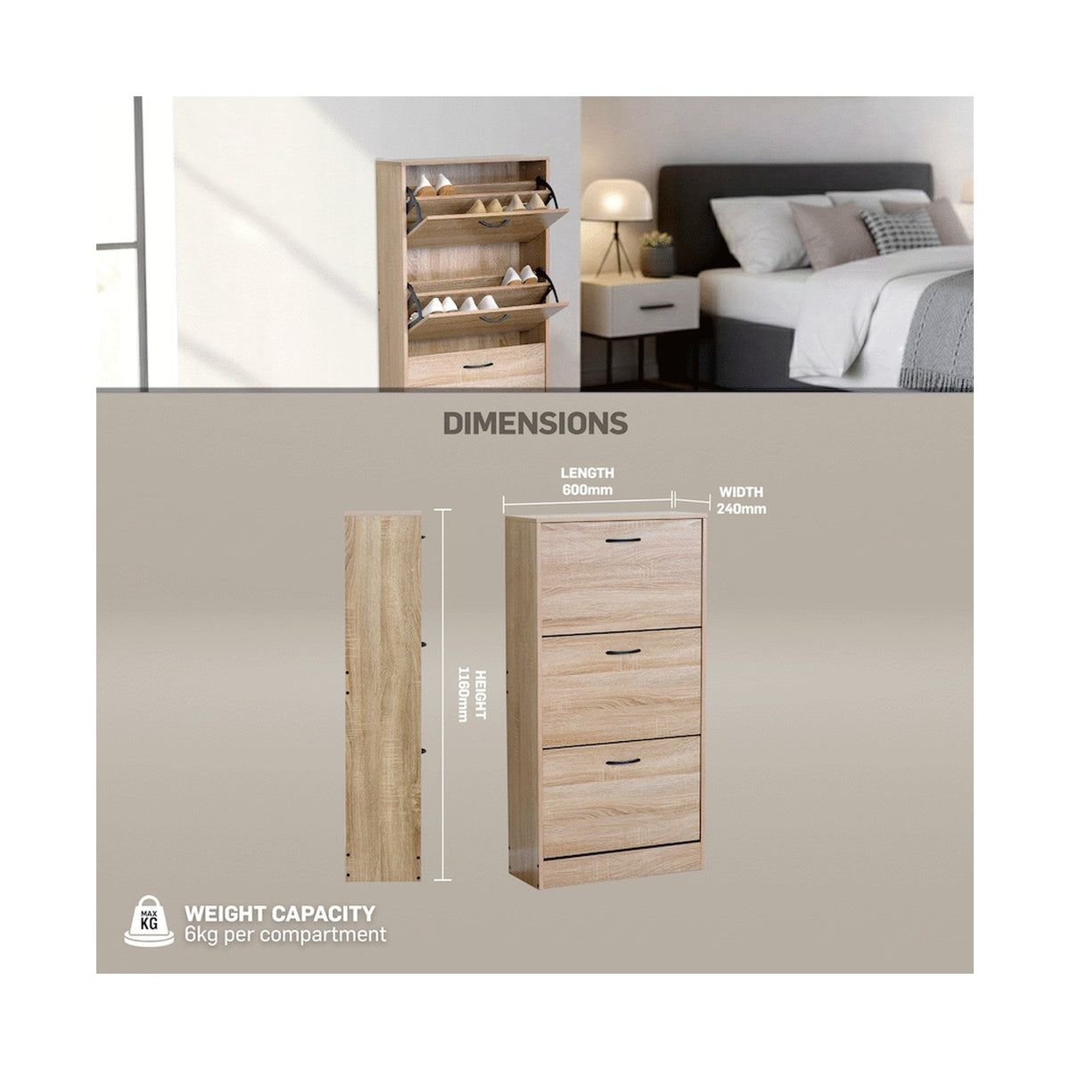 Everfurn Tamar Shoe Cabinet - Small - Oak