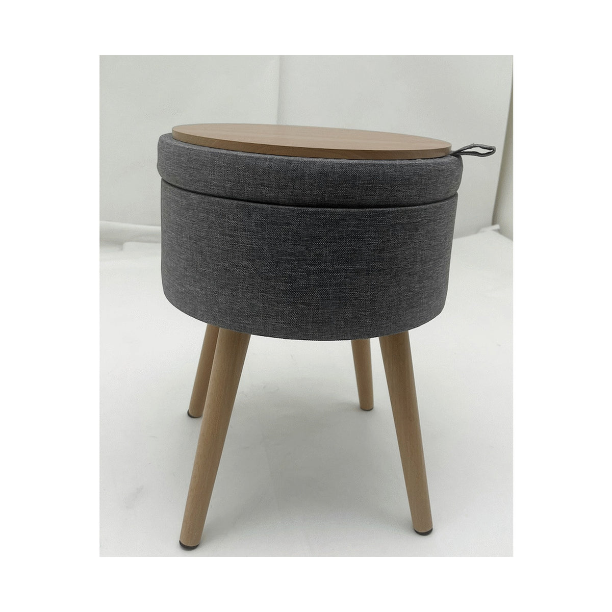 Sophie Round Storage  Stool with wooden legs - Grey