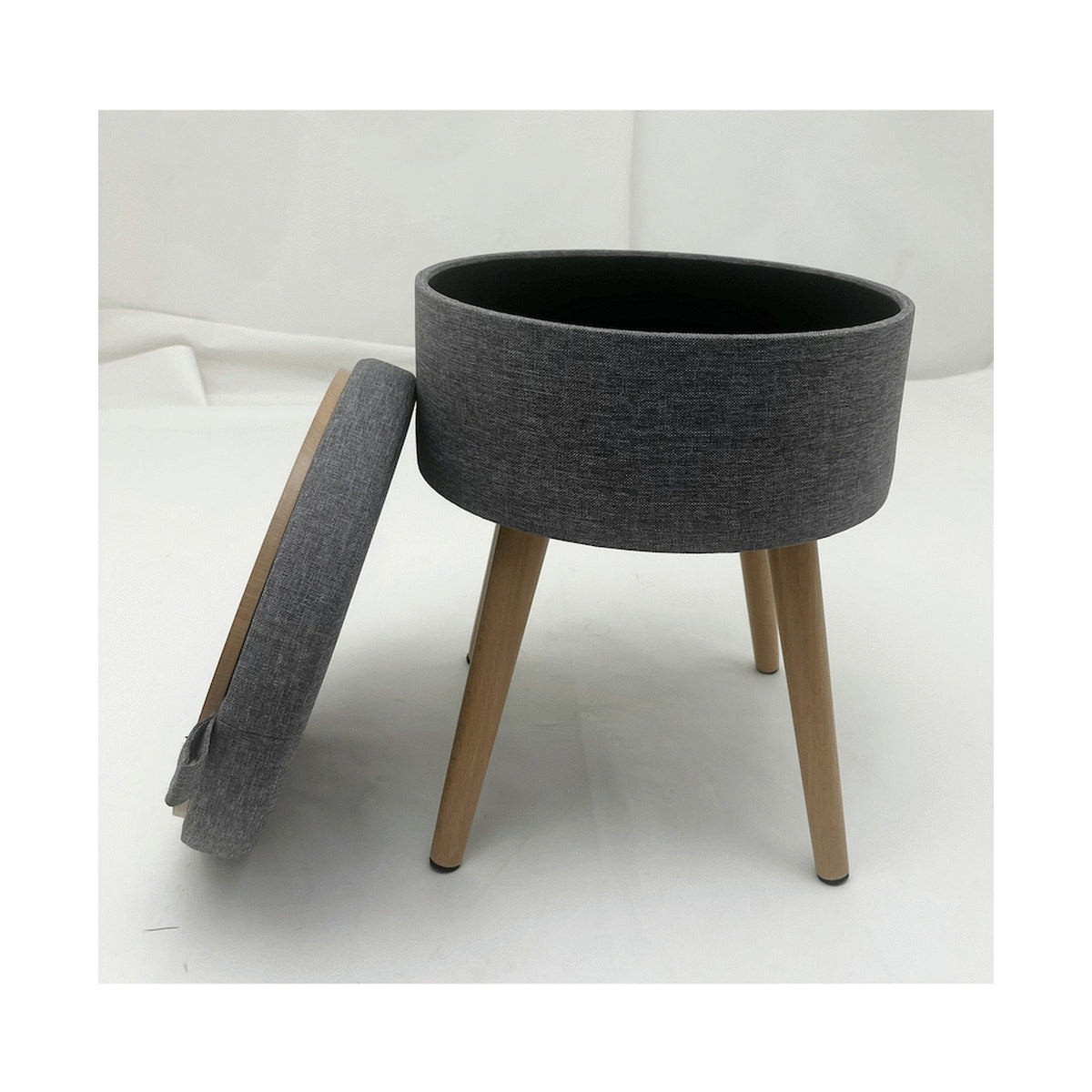 Sophie Round Storage  Stool with wooden legs - Grey