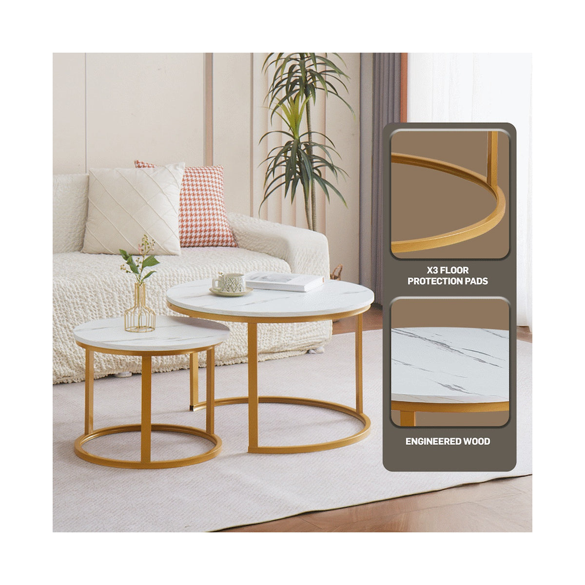 Everfurn Nile Nesting Coffee Table - White & Gold (2 Pc)