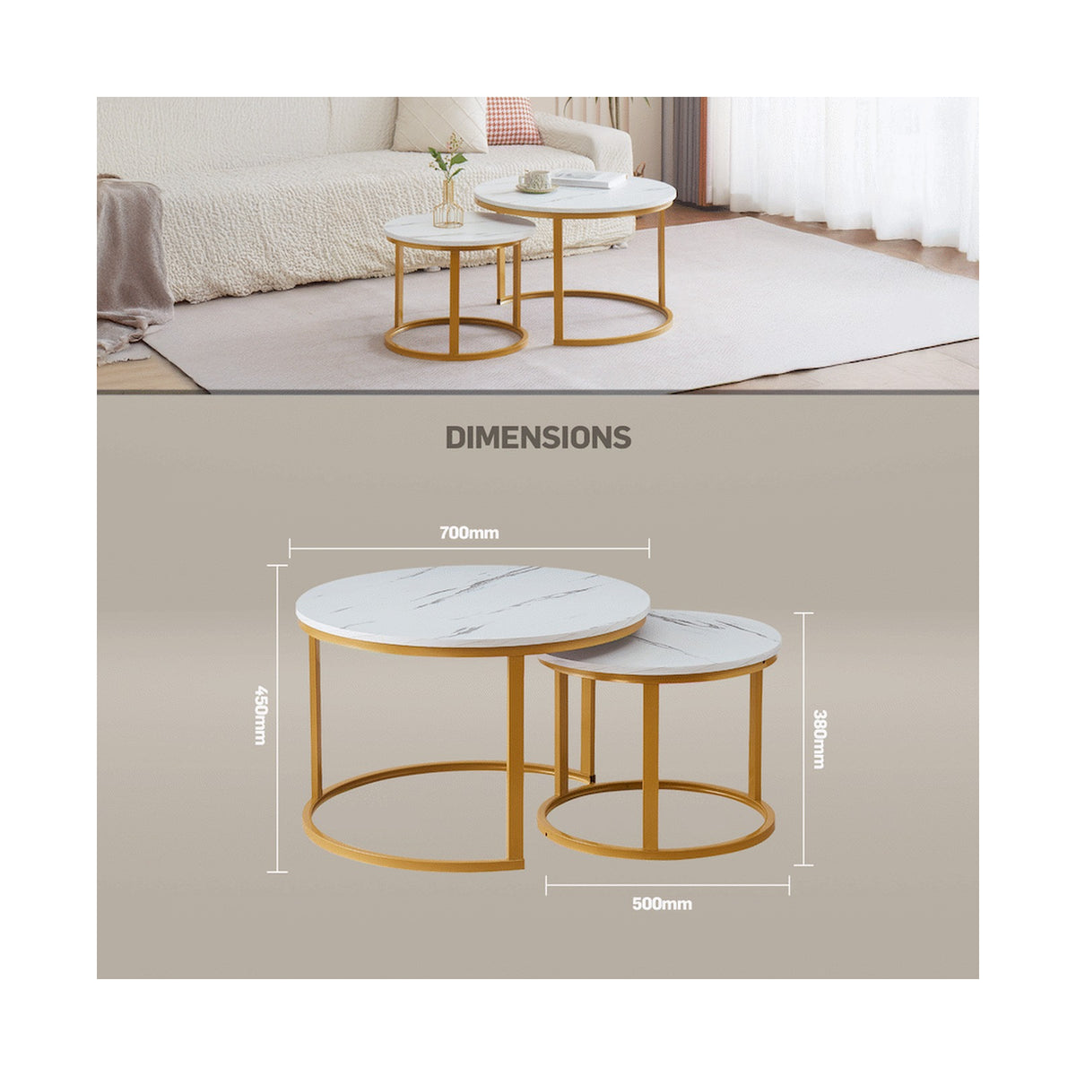 Everfurn Nile Nesting Coffee Table - White & Gold (2 Pc)
