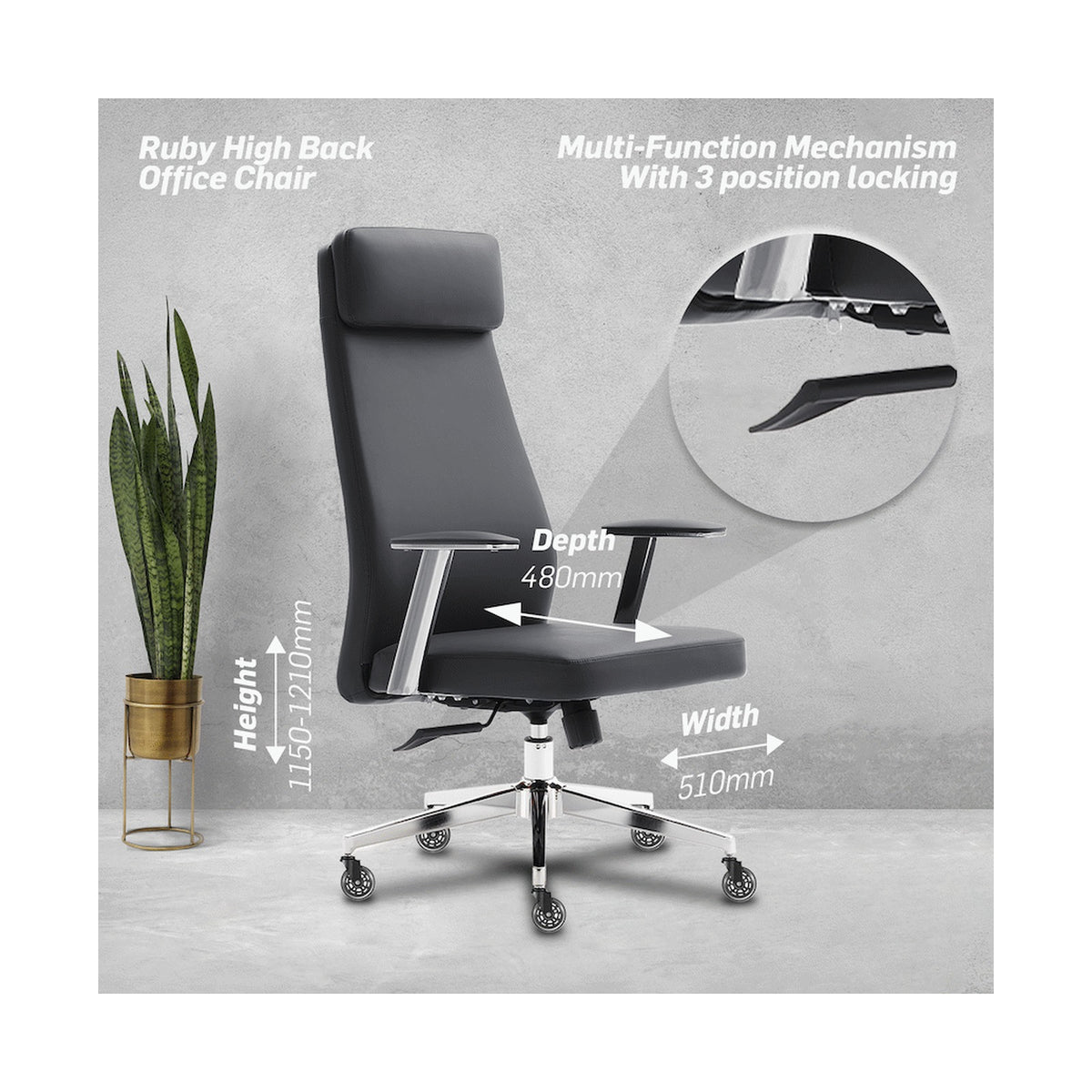 Everfurn Ruby High Back Office Chair, Chrome Metal Base
