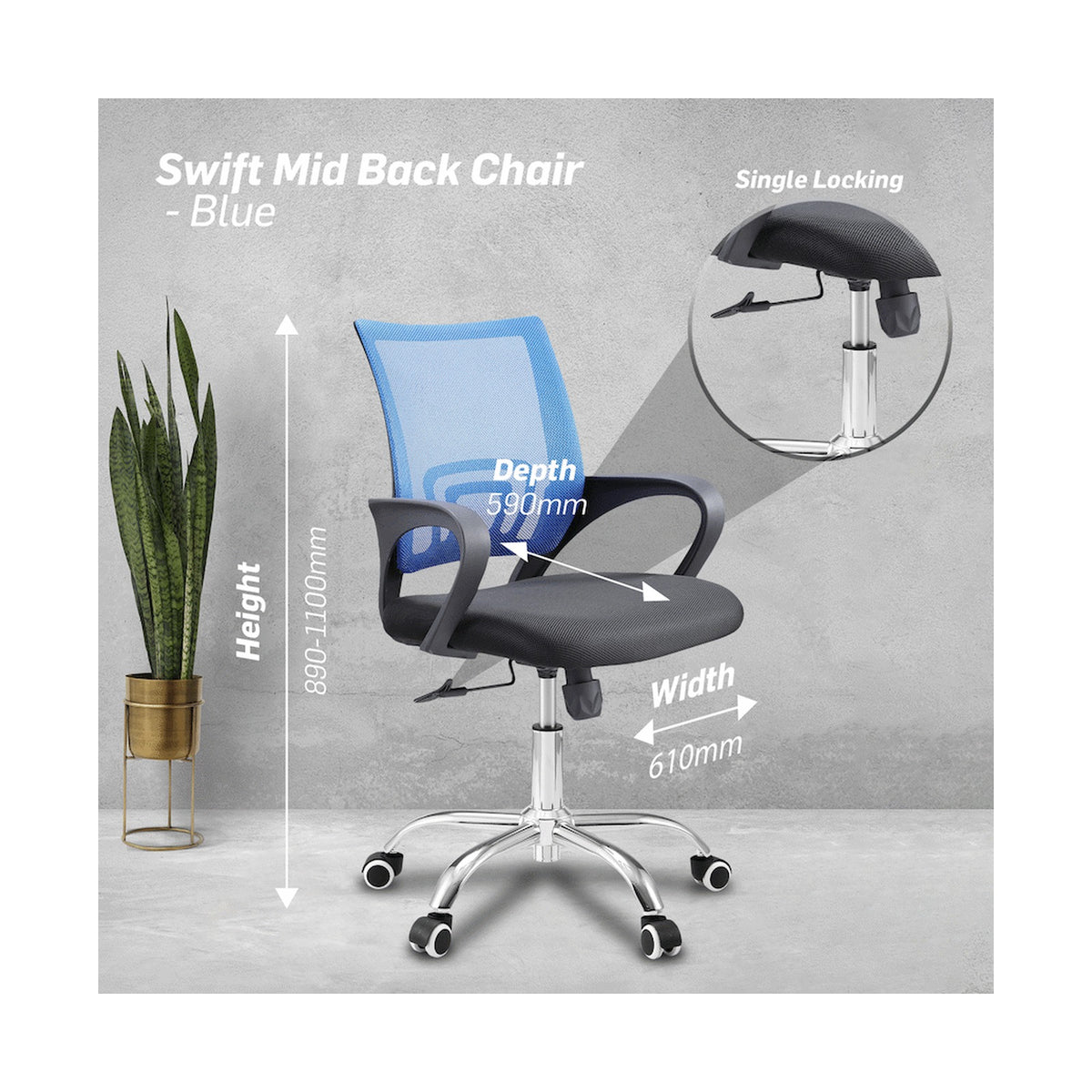 Everfurn Swift Mid Back Chair - Blue
