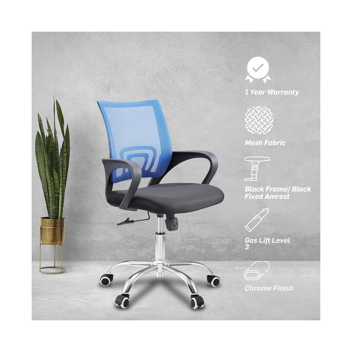 Everfurn Swift Mid Back Chair - Blue