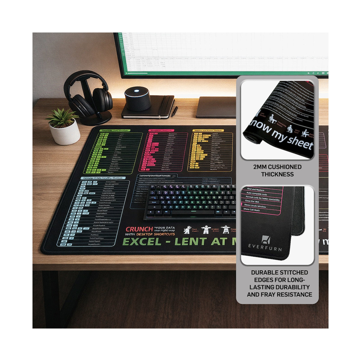 Everfurn Excel Hot Keys Large Desk Mat