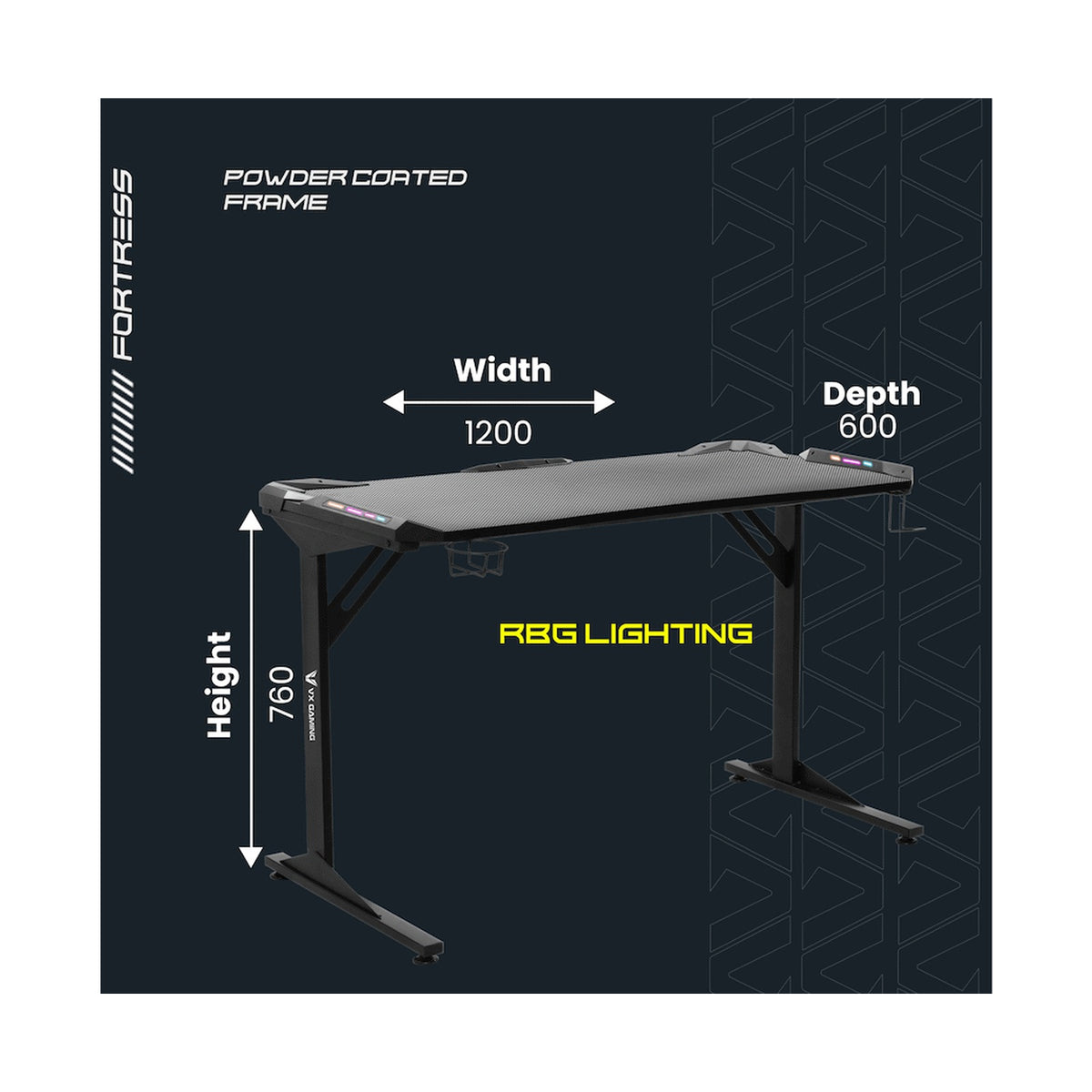 Fortress Gaming Desk with RGB Lights, Cup Holder