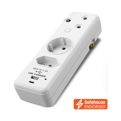Ellies 3-Way Schuko Adaptor with Type-C + USB - White