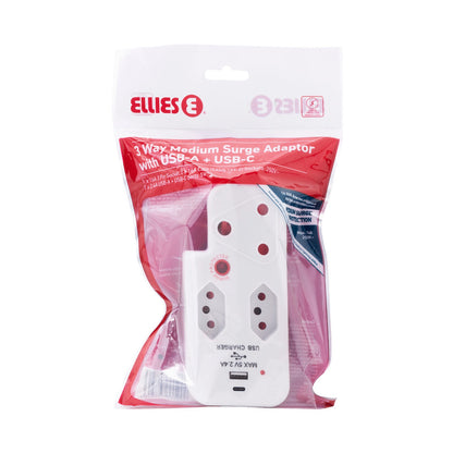 Ellies 3 Way Surge Adaptor with Type C + USB - WT