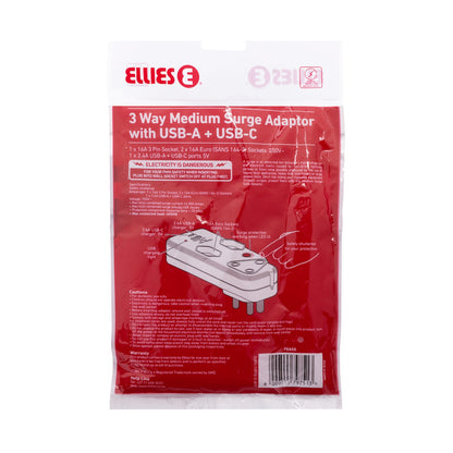 Ellies 3 Way Surge Adaptor with Type C + USB - WT