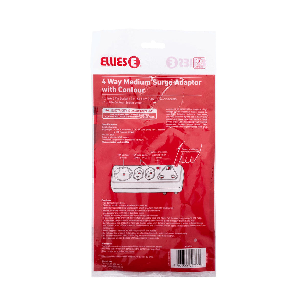 Ellies 4-Way Surge Adaptor with Schuko - WT