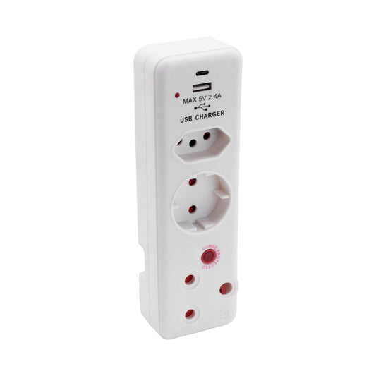 Ellies 3 Way Surge adaptor Schuko,with type C + USB - WT
