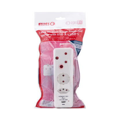 Ellies 3 Way Surge adaptor Schuko,with type C + USB - WT
