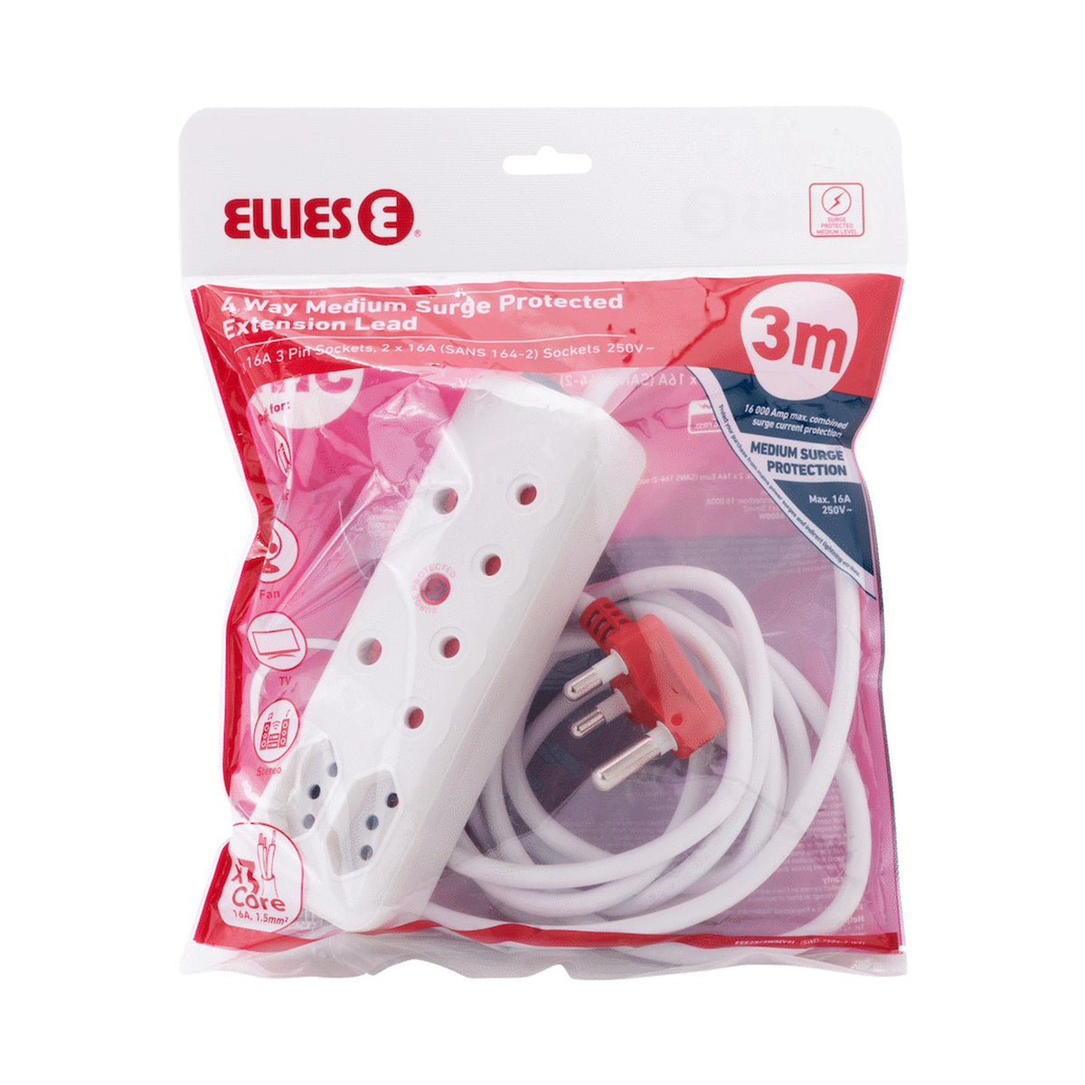 Ellies 4 Way Surge Extension Lead -3M - WT