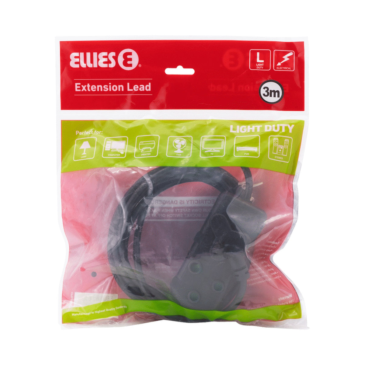 Ellies Side-by-Side Light-Duty Extension Lead - 3m - Black