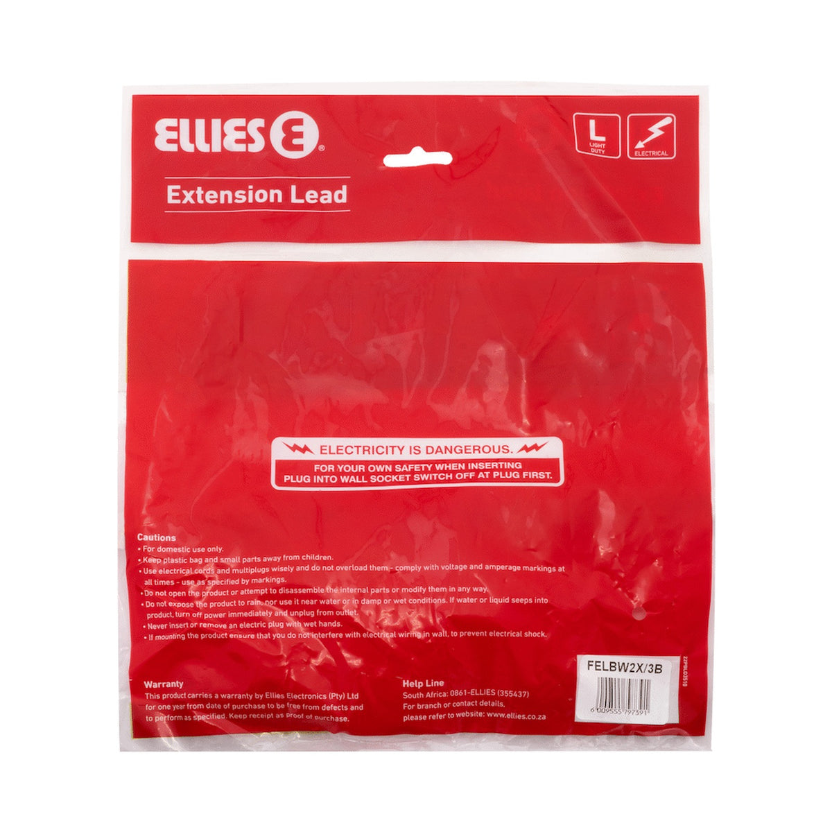 Ellies Side-by-Side Light-Duty Extension Lead - 3m - Black