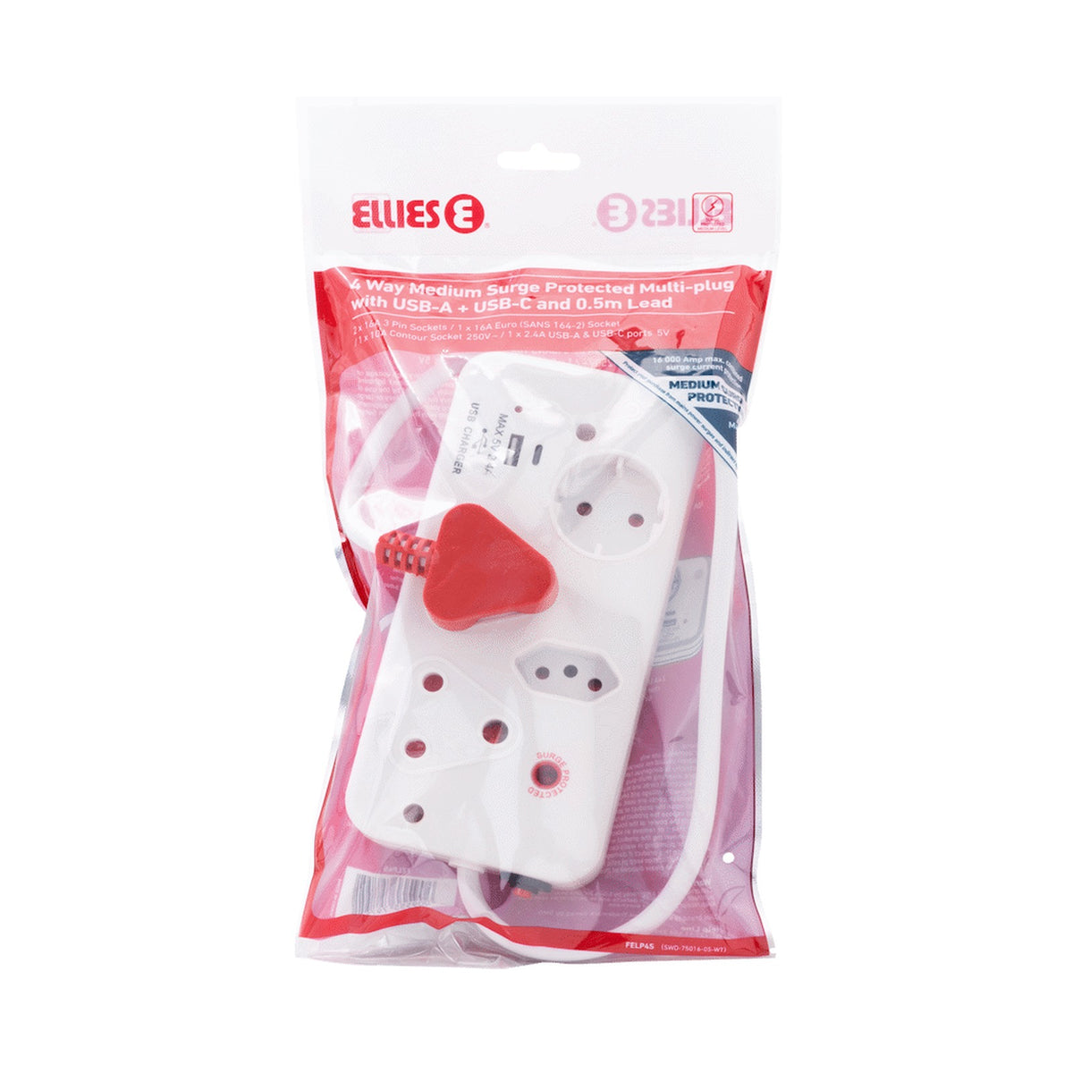 Ellies 4-Way Surge Multiplug with USB-A+USB-C 0.5m - WT