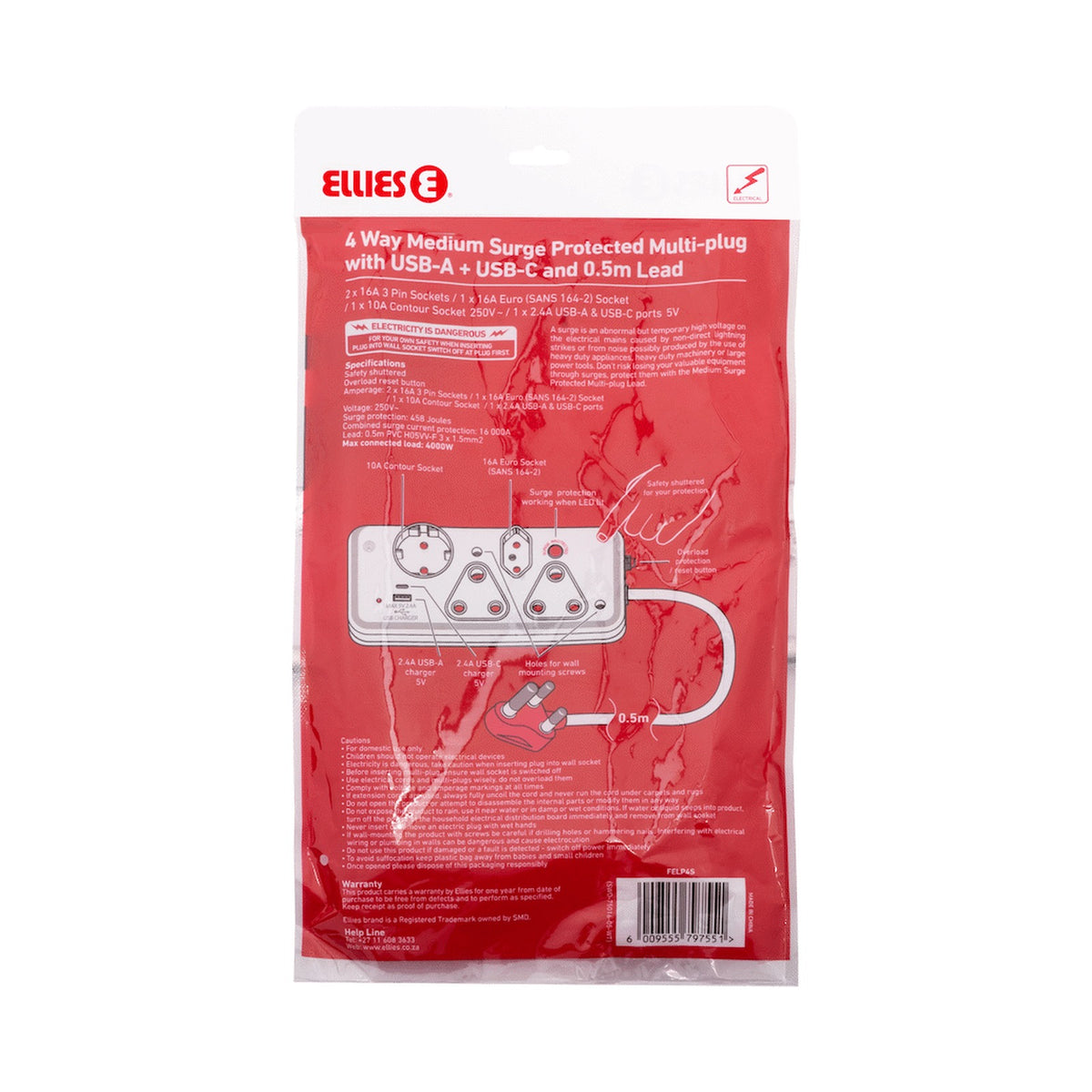 Ellies 4-Way Surge Multiplug with USB-A+USB-C 0.5m - WT