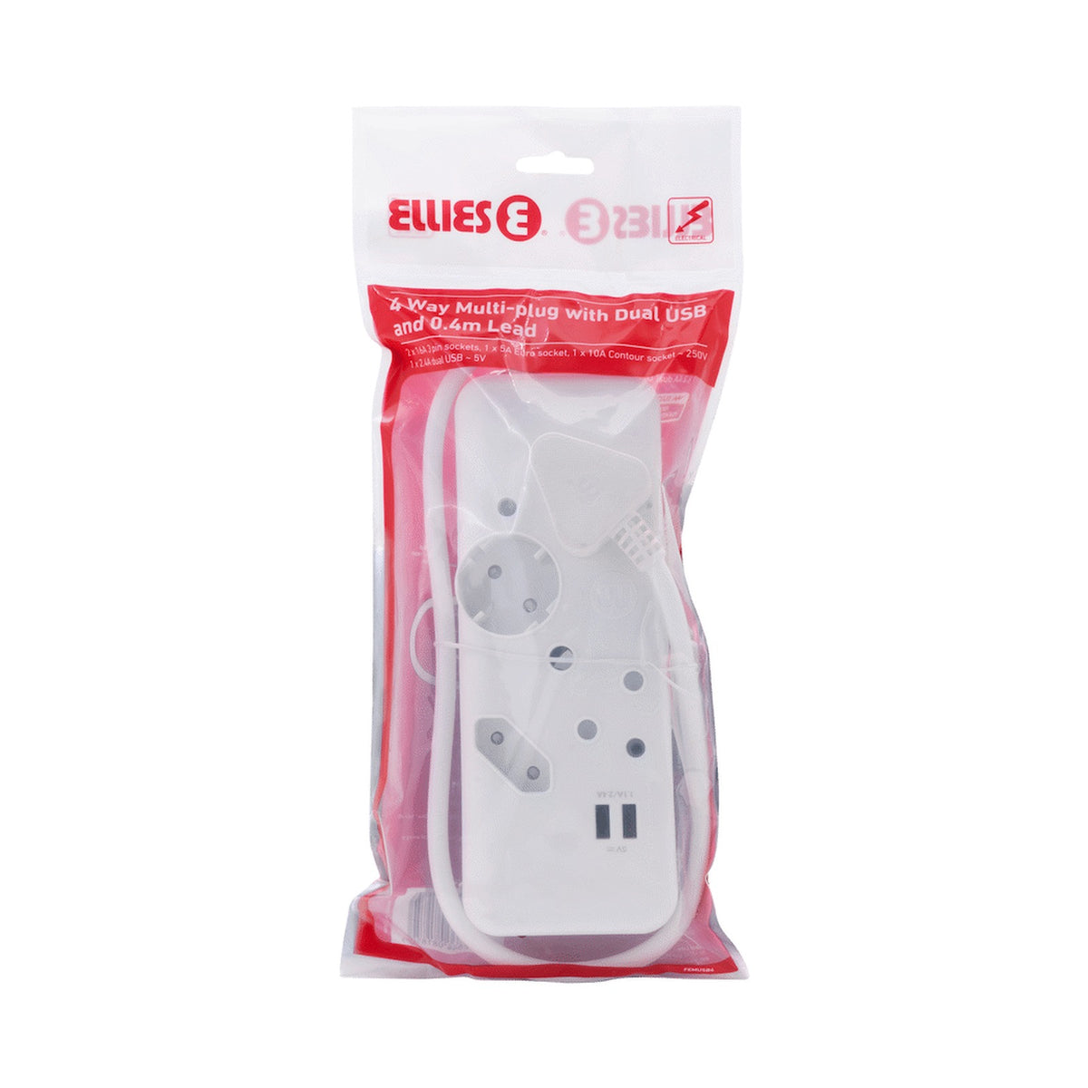 Ellies 4-Way Multiplug - 2 x USB 2.4a - 0.4m