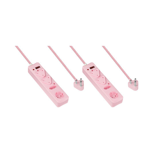 2x SWITCHED 4 Way Surge Multiplug 3M Braided Cord Pink