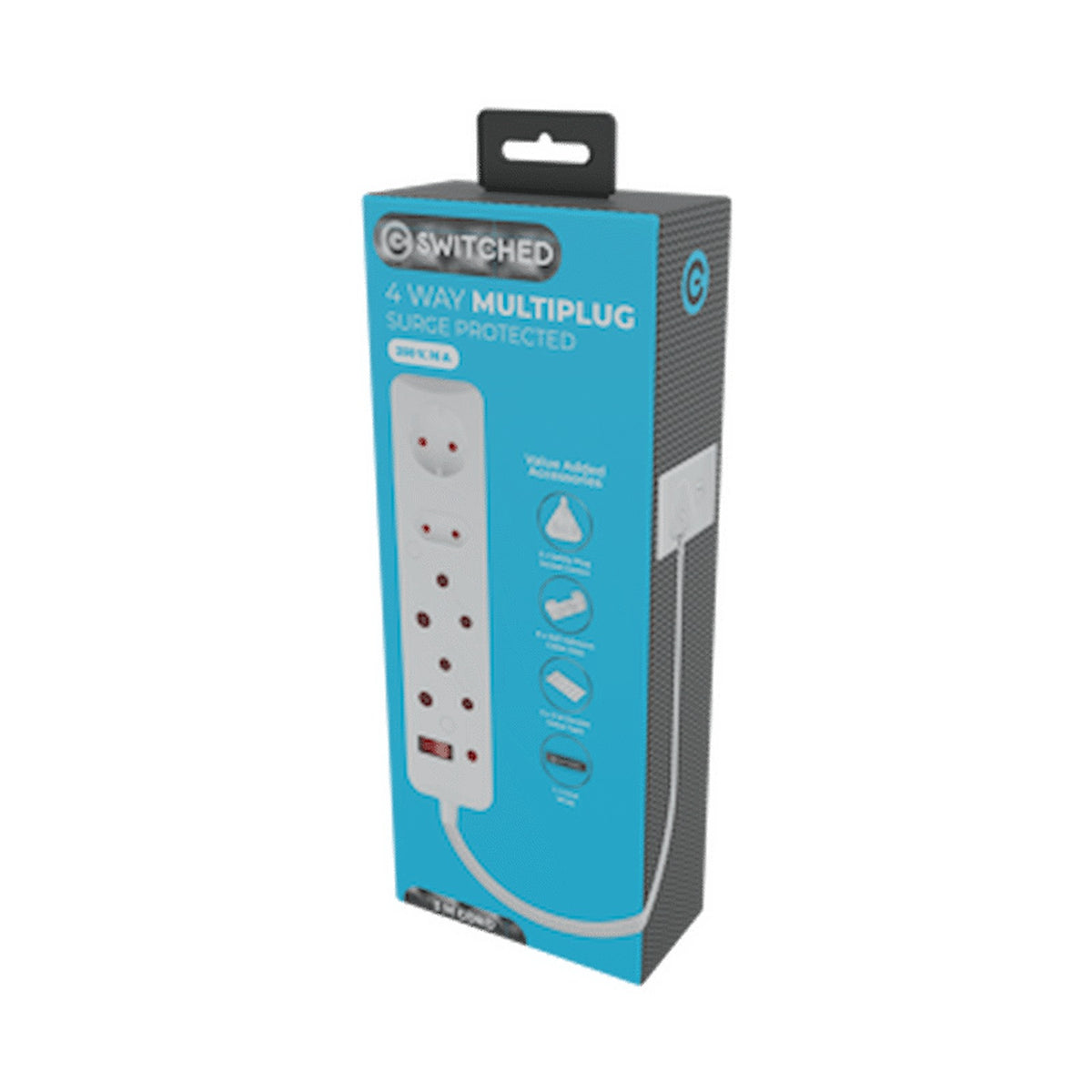 Switched 4-Way Surge-Protected Multiplug 3m Braided Cord - White
