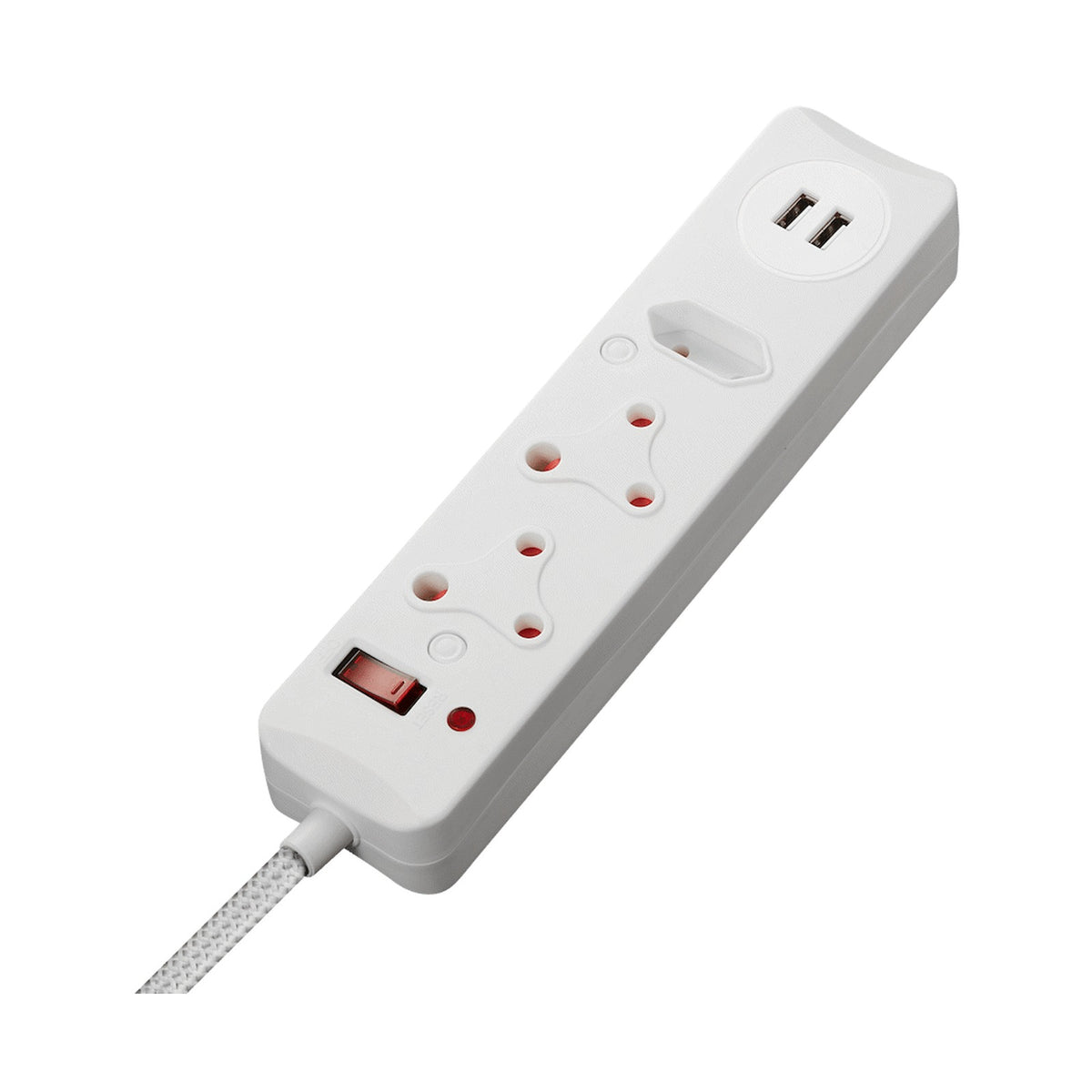 SWITCHED 3 Way Medium Surge Protected Multiplug with Dual 2.4A USB Ports 0.5M Braided Cord White