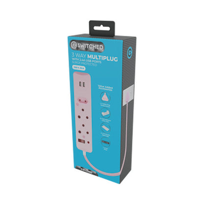 Switched 3-Way Surge-Protected Multiplug with Dual 2.4a USB Ports 3m Braided Cord