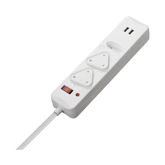 Switched 3-Way Surge-Protected Multiplug with Dual 2.4a USB Ports 3m Braided Cord - White
