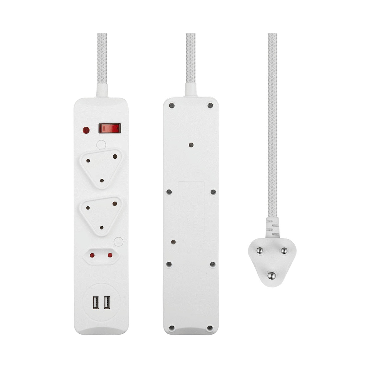 Switched 3-Way Surge-Protected Multiplug with Dual 2.4a USB Ports 3m Braided Cord - White