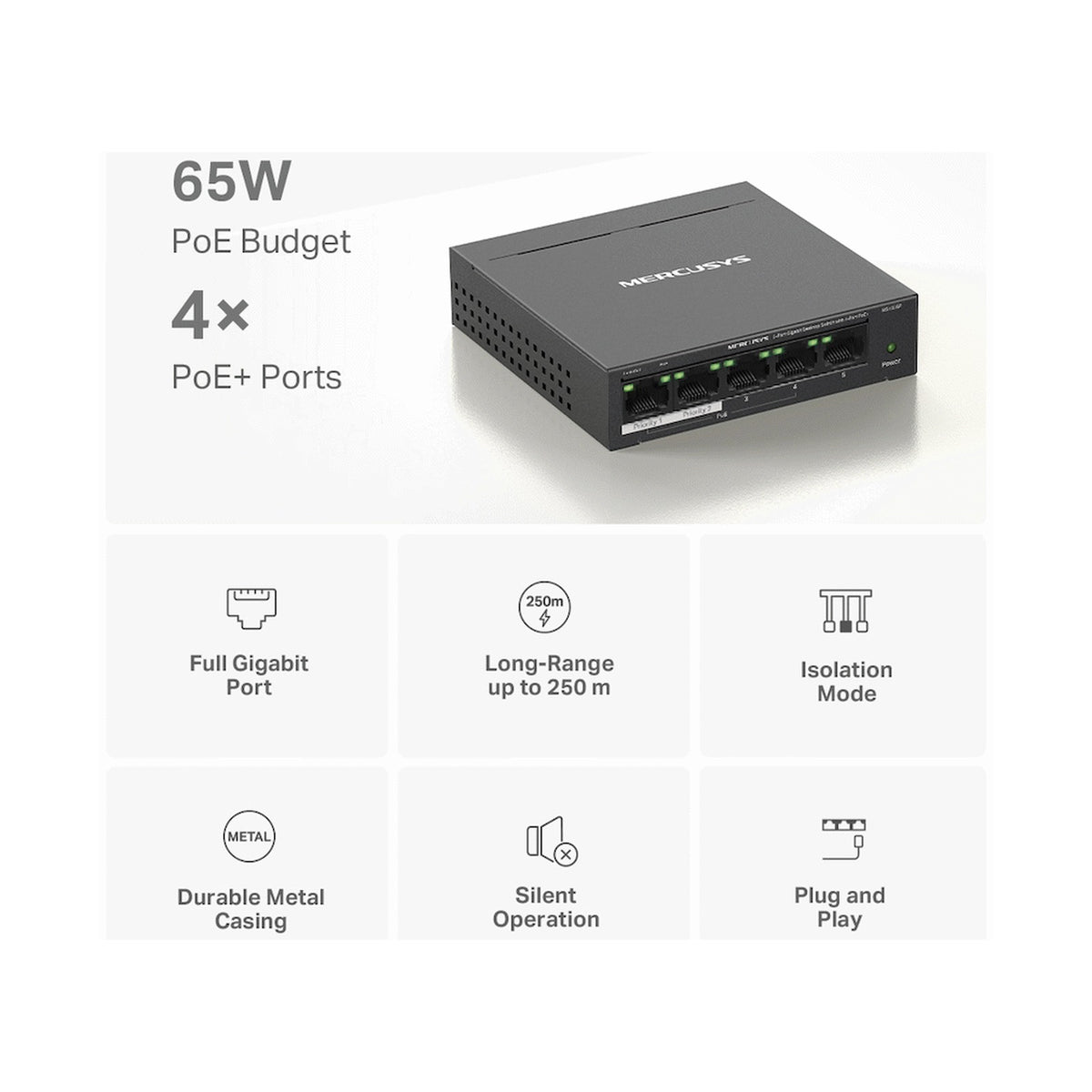 TP-Link Mercusys MS105GP 5-Port Gigabit Desktop Switch with 4-Port PoE+