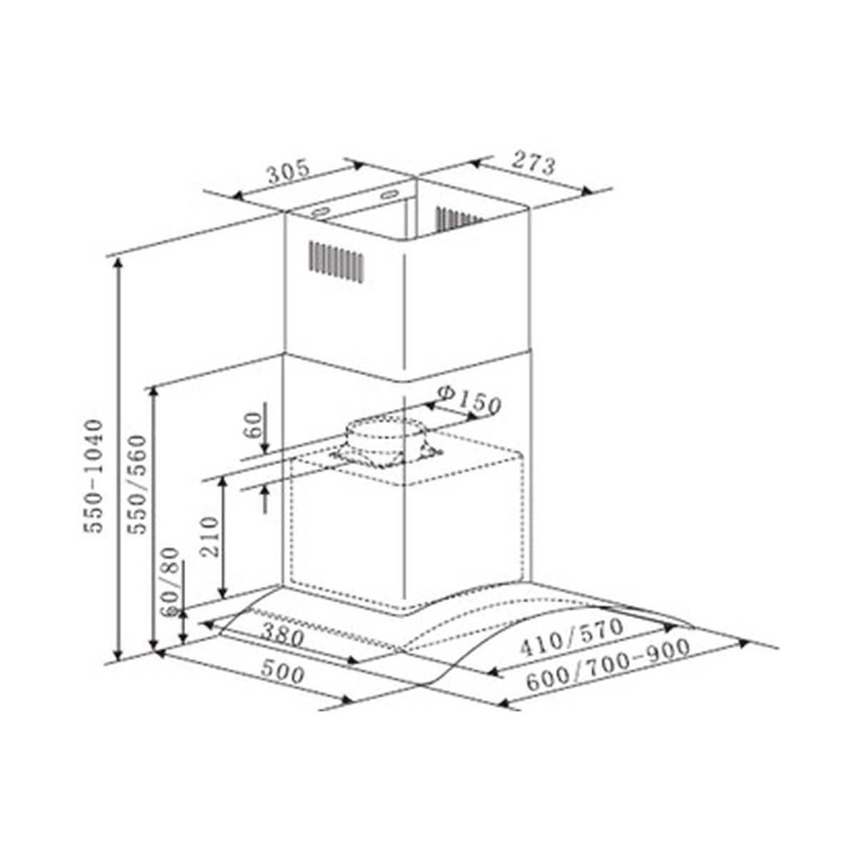 Falco 60Cm Curved Glass S/Steel Chimney Extractor FAL-60-38SG