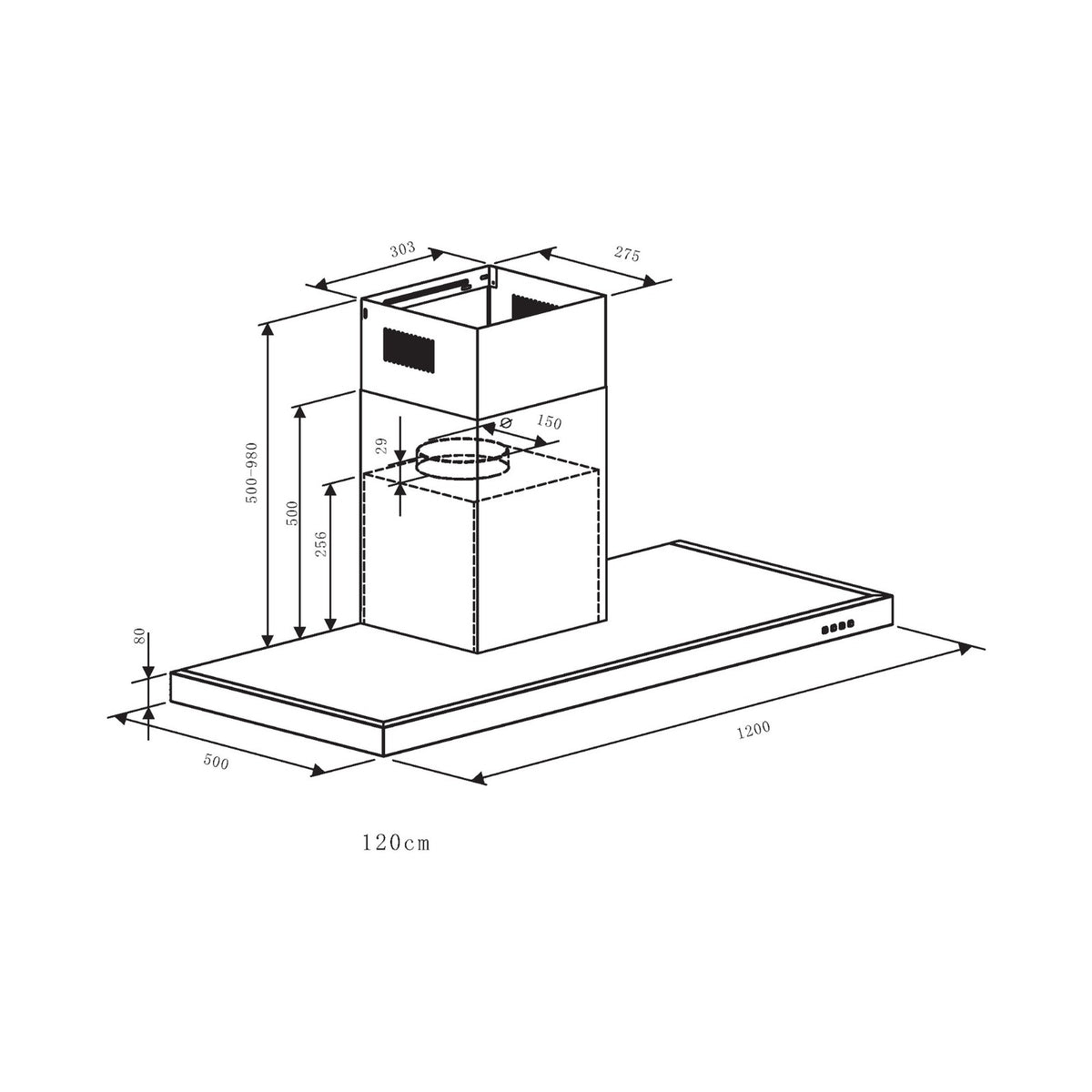 Falco 120cm  Flat Type S/Steel Chimney Extractor FAL-90-2245SG