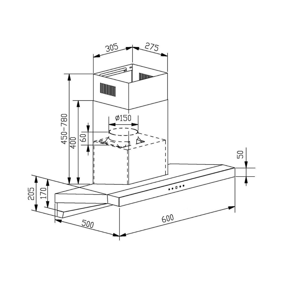 Falco 60CM Slanted T-Shape Extractor Wall Mount FAL-60-F09