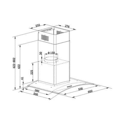 Falco  60cm Curved Black Glass Stainless Steel Chimney Extractor FAL-60-38SG-B