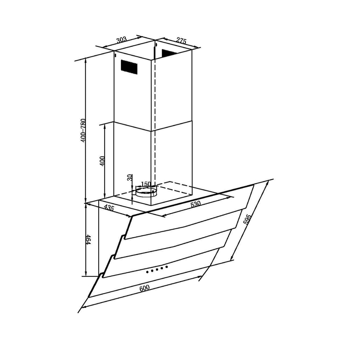 Falco  60cm Slanted 3 Panel Black Glass Extractor  FAL-60-S03D3