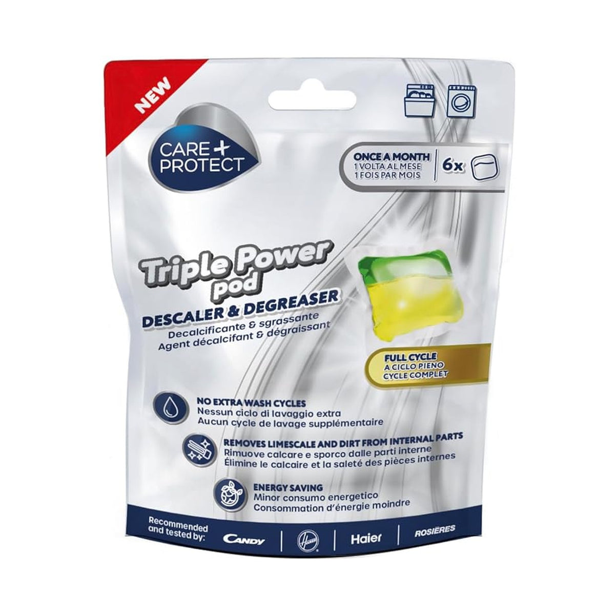 Care + Protect Triple Power Pods (6x), limescale remover and degreaser for washing machine & dishwasher