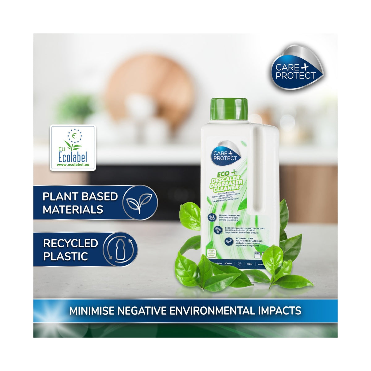 Care + Protect ECO+ 3 in 1 Liquid (250ml) universal descaler, degreaser and sanitizer for dishwashers and washing machines