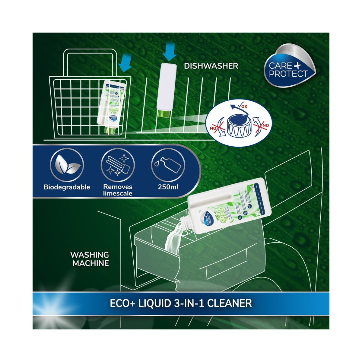 Care + Protect ECO+ 3 in 1 Liquid (250ml) universal descaler, degreaser and sanitizer for dishwashers and washing machines
