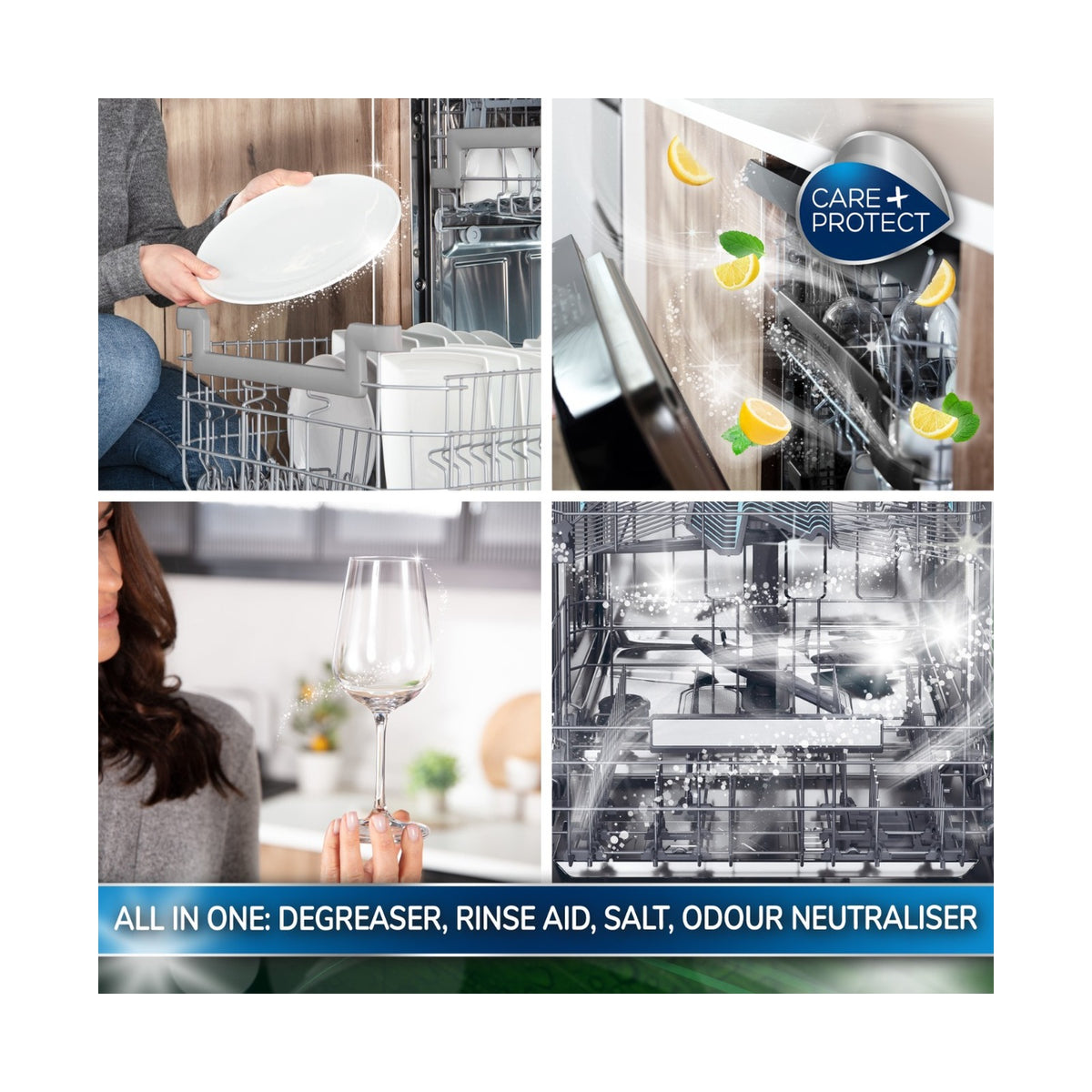 Care + Protect ECO+ All-in-one dishwasher gel (650ml) degreaser, rinse aid, salt and odorneutralizer