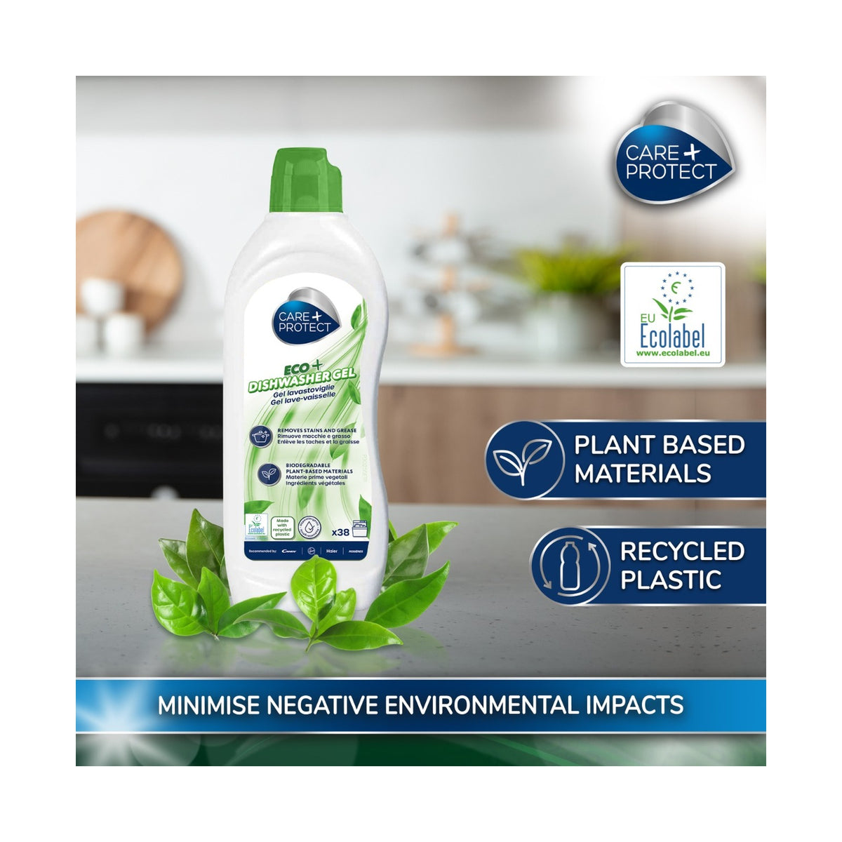 Care + Protect ECO+ All-in-one dishwasher gel (650ml) degreaser, rinse aid, salt and odorneutralizer