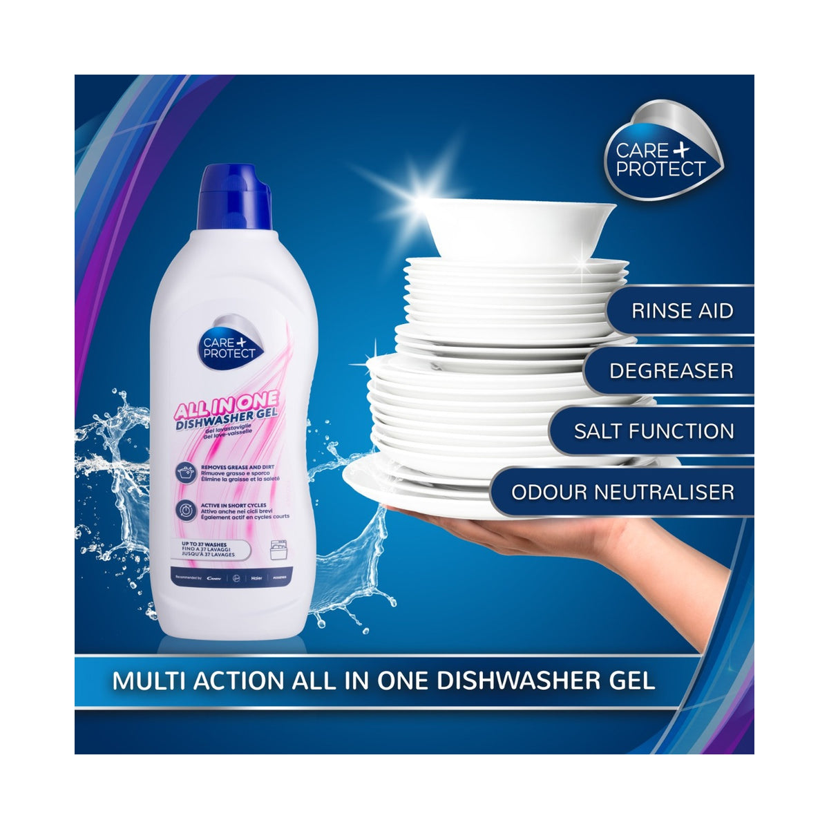 Care + Protect All - In - One Dishwasher Gel (750ml) Degreaser, Rinse Aid, Salt, Odor Eliminator