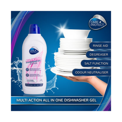 Care + Protect All - In - One Dishwasher Gel (750ml) Degreaser, Rinse Aid, Salt, Odor Eliminator
